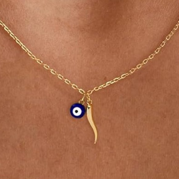 Neiman Marcus 14k Gold Plated Italian Evil Eye Horn Necklace, - Picture 2 of 5